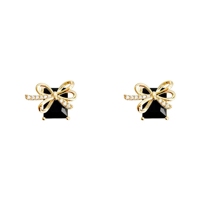 Sterling Silver Needle Black Bow Earrings For Women-Jewearrings