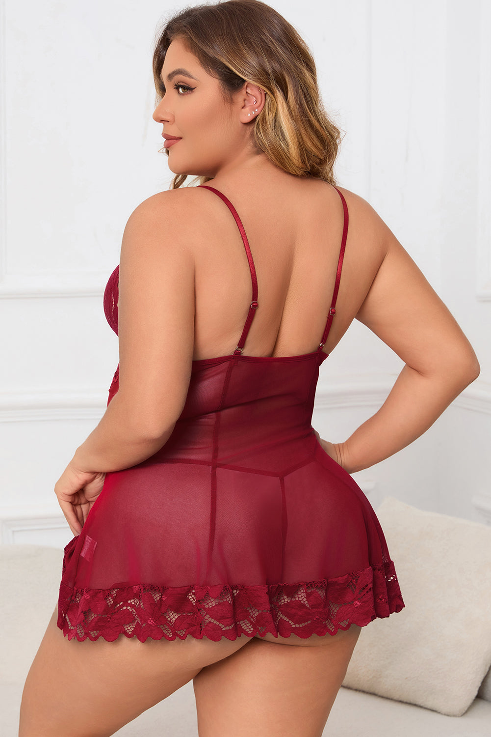 Plus Size Lace Detail Spaghetti Strap Lounge Dress-Jewearrings