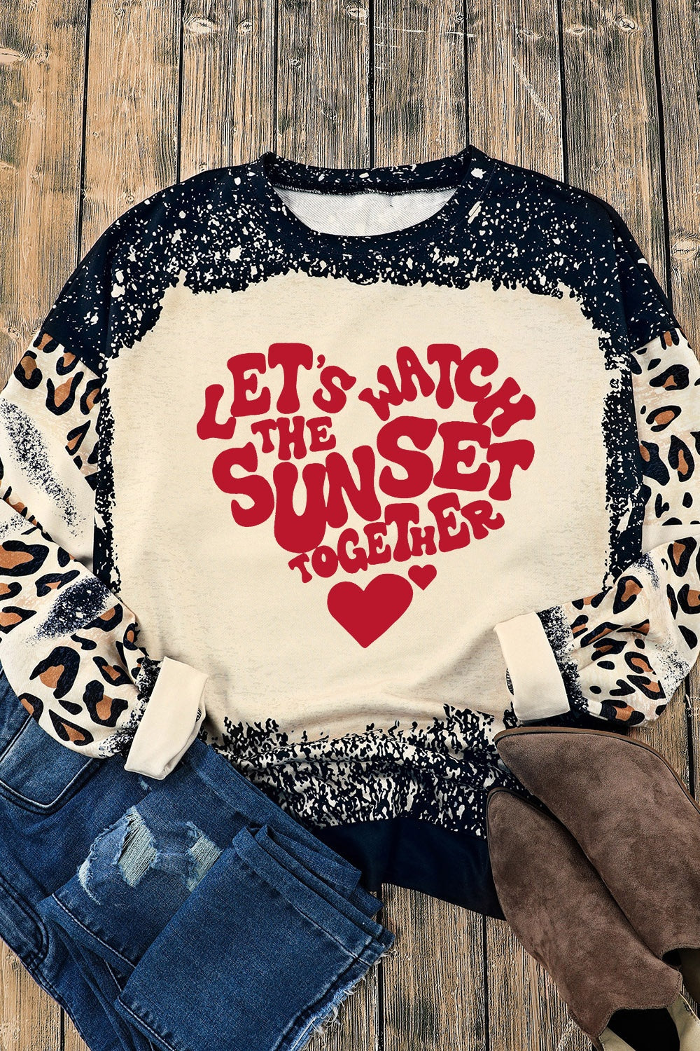 LET'S WATCH THE SUNSET TOGETHER Leopard Round Neck Sweatshirt-Jewearrings