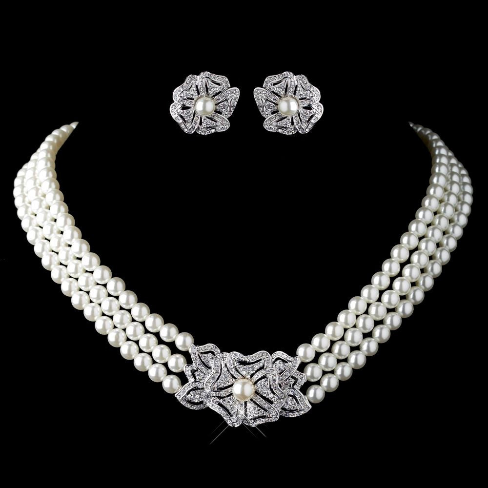 Pearl Rhinestone Necklace Earrings Jewelry Set-Jewearrings