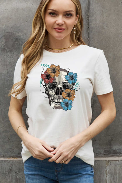 Simply Love Full Size Flower Skull Graphic Cotton Tee-Jewearrings