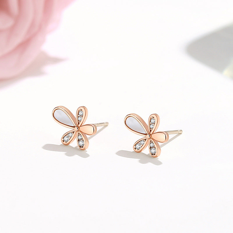 Sterling Silver Flower Ear Studs Women's Mori Fashion Earrings-Jewearrings