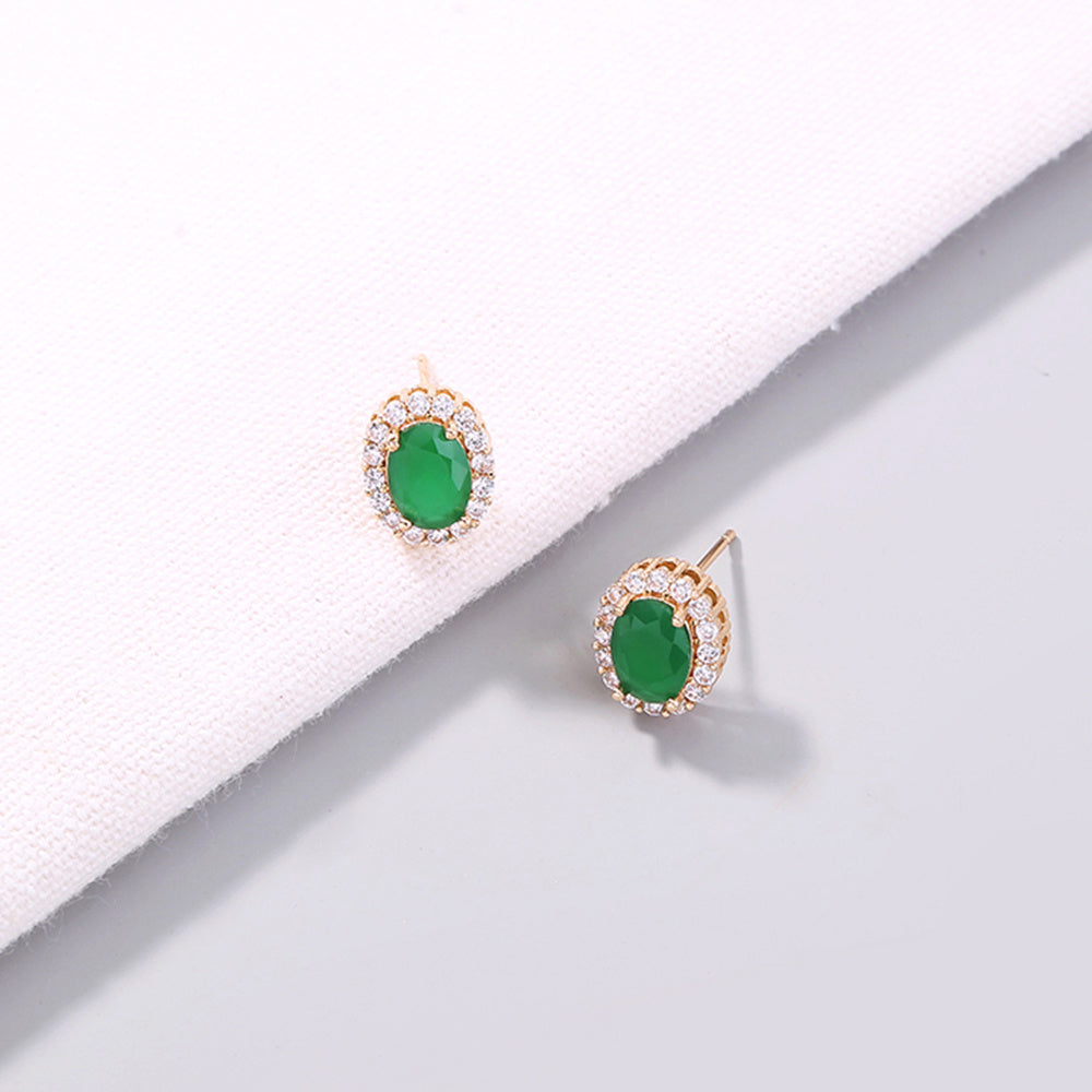 Miniature gold-inlaid Zircon Emeralds Oval Stud earrings with Ruby earrings-Jewearrings