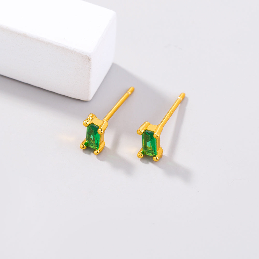 European and American mini rectangular small zircon earrings emerald green cold wind mini temperament earrings earrings-Jewearrings