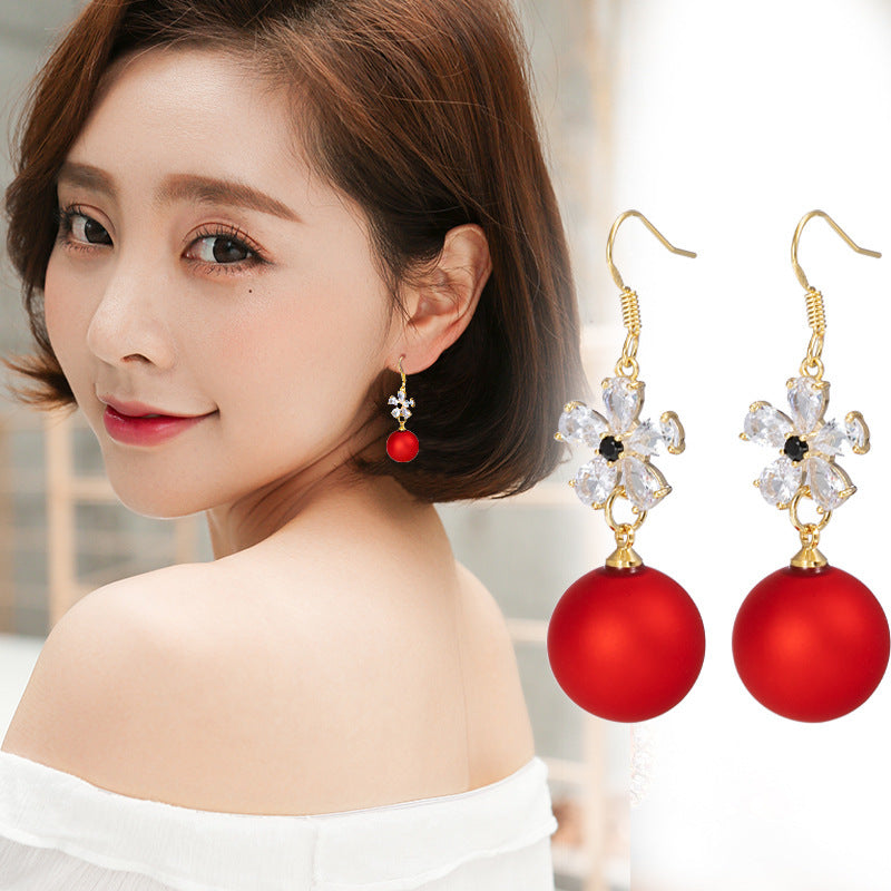 Short Festive Red Pearl Frosted Bead Earrings-Jewearrings