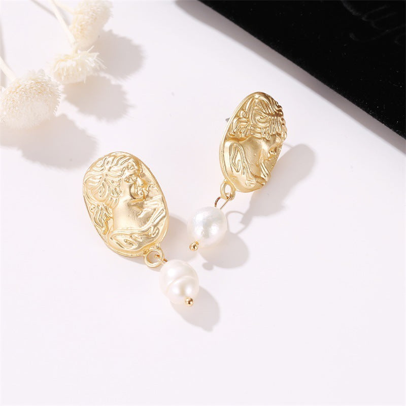 Simple Imitation Pearl Gold Ethnic Face Geometric Earrings-Jewearrings