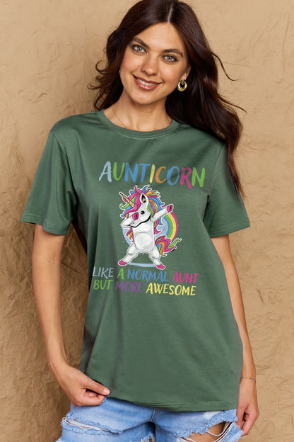 Simply Love Full Size AUNTICORN LIKE A NORMAL AUNT BUT MORE AWESOME Graphic Cotton Tee-Jewearrings