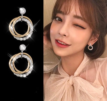 925 silver needle double ring drill ring earrings wild personality hit color earrings simple temperament earrings cold wind earrings female-Jewearrings