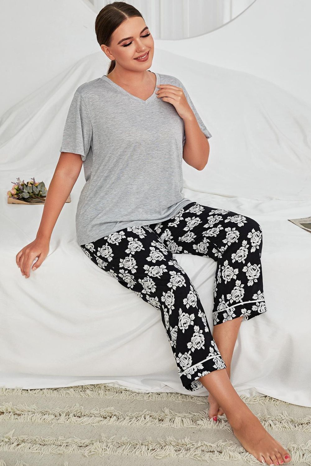 Plus Size V-Neck Tee and Floral Pants Lounge Set-Jewearrings