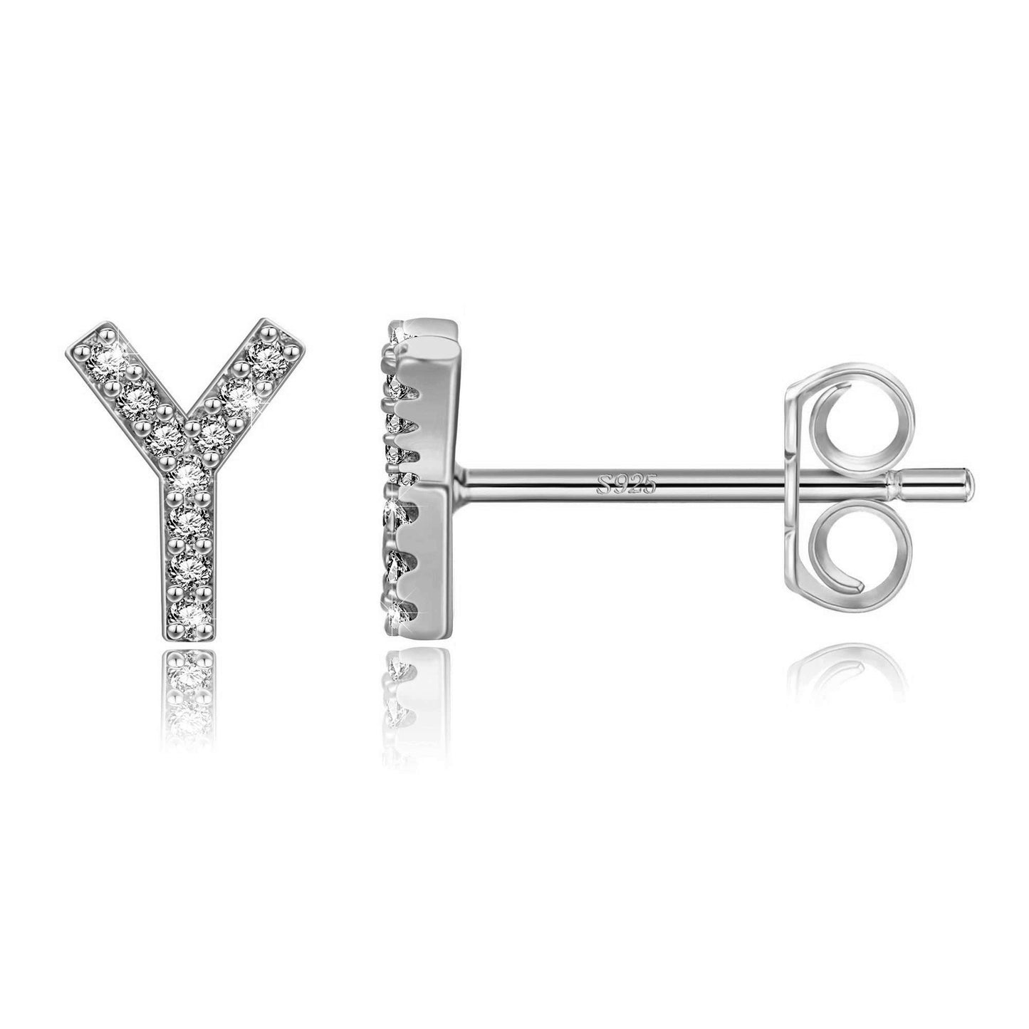 Simple Rhinestone Silver Needle English Alphabet Letter Earrings-Jewearrings