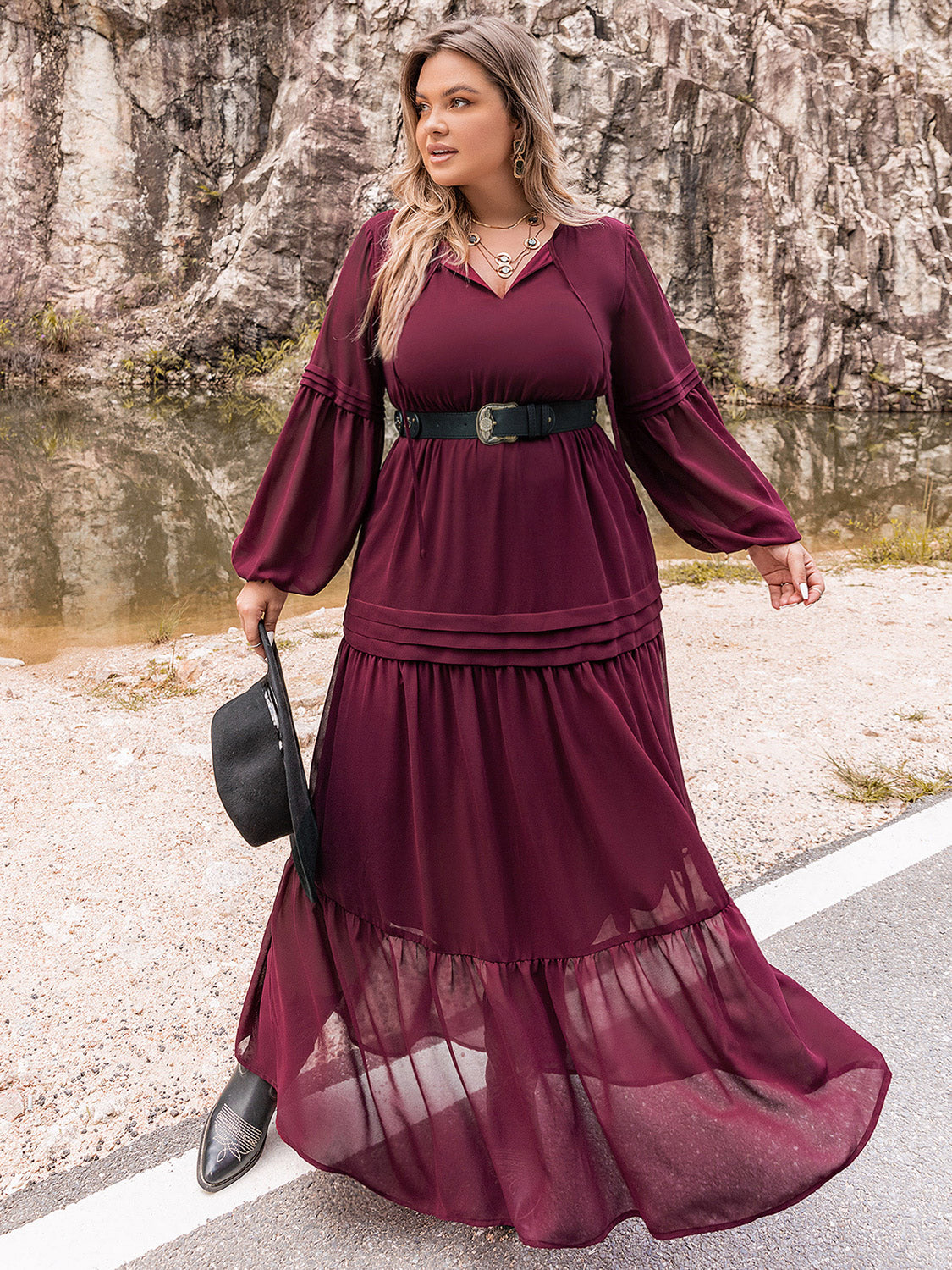 Plus Size Tie Neck Ballon Sleeve Tiered Dress-Jewearrings