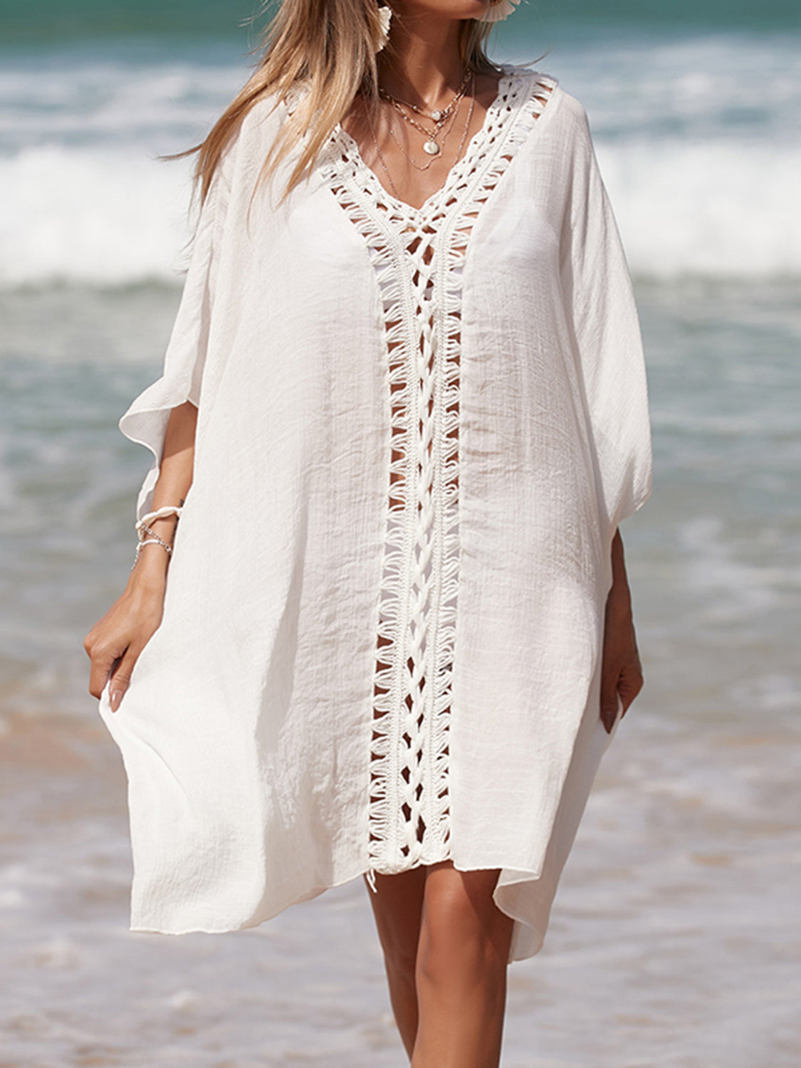 Cutout V-Neck Three-Quarter Sleeve Cover Up-Jewearrings