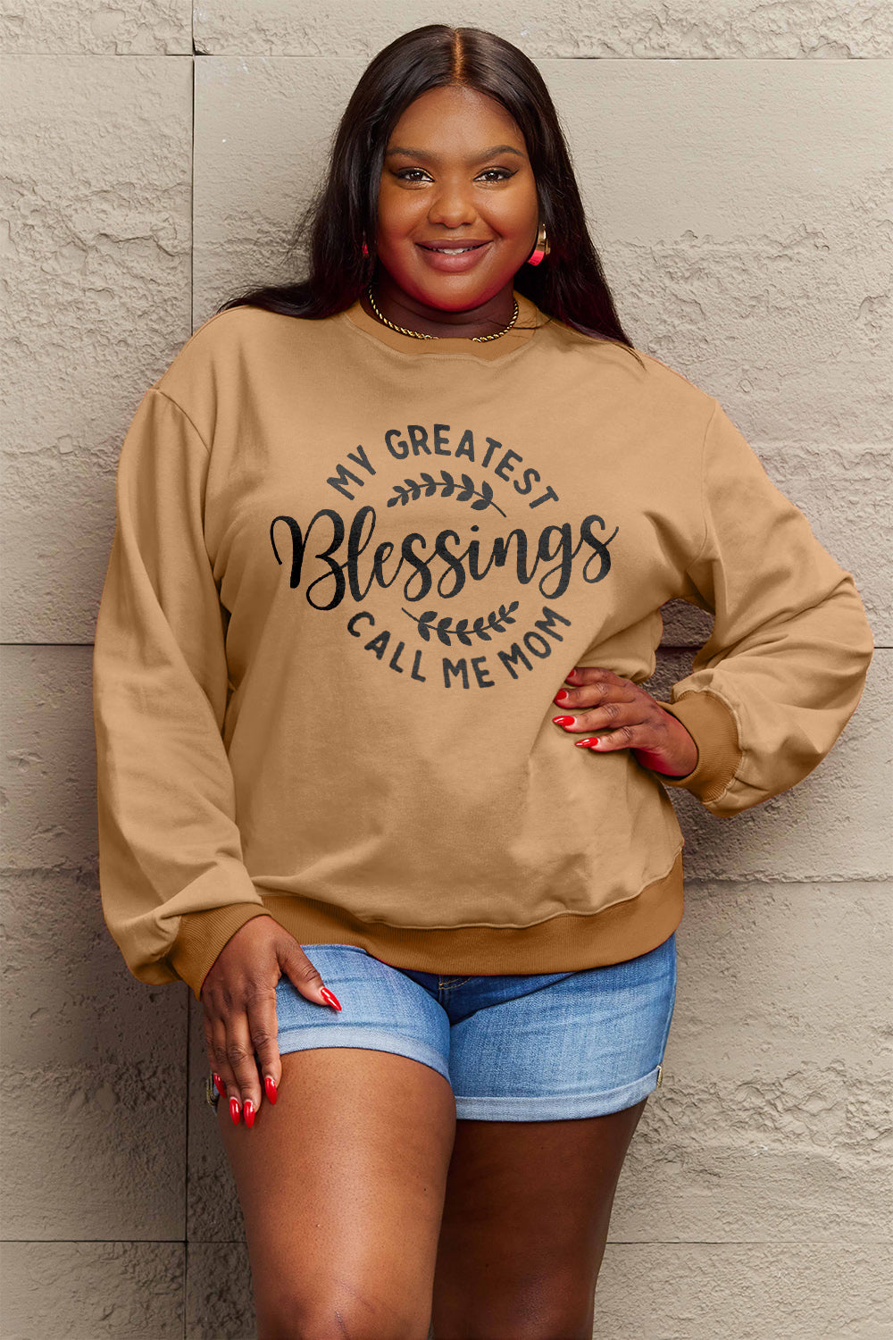 Simply Love Full Size MY GREATEST BLESSINGS CALL ME MOM Round Neck Sweatshirt-Jewearrings