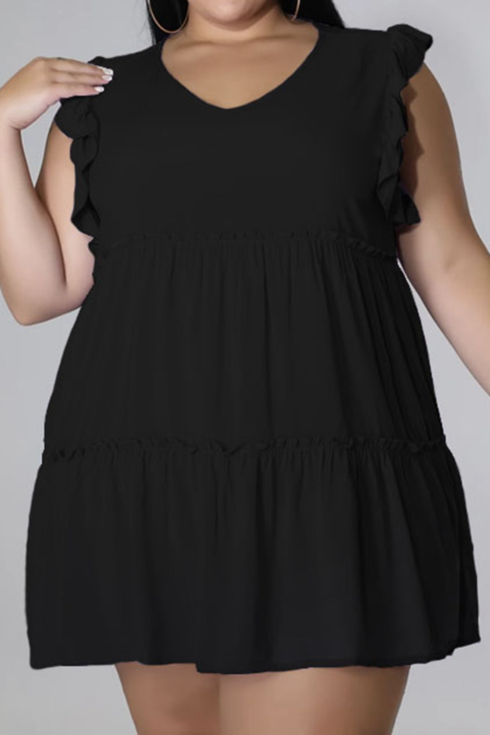 Plus Size V-Neck Frill Trim Mini Dress-Jewearrings