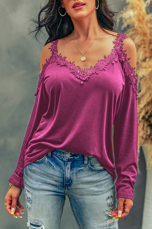 Lace Detail Cold Shoulder Long Sleeve T-Shirt-Jewearrings