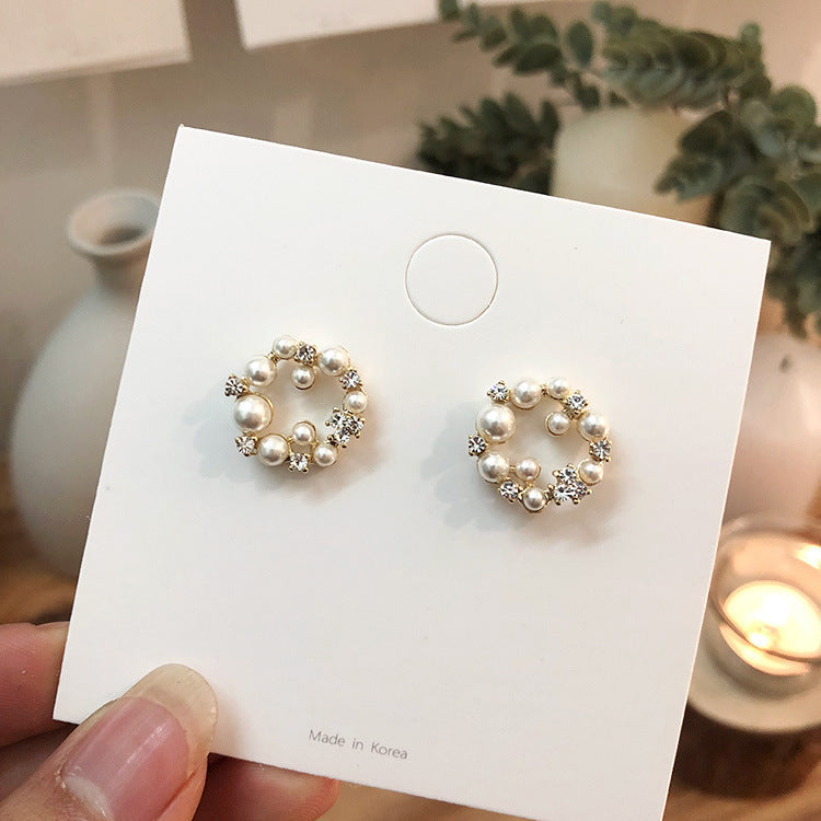 Round Pearl Zircon Stud Earrings-Jewearrings