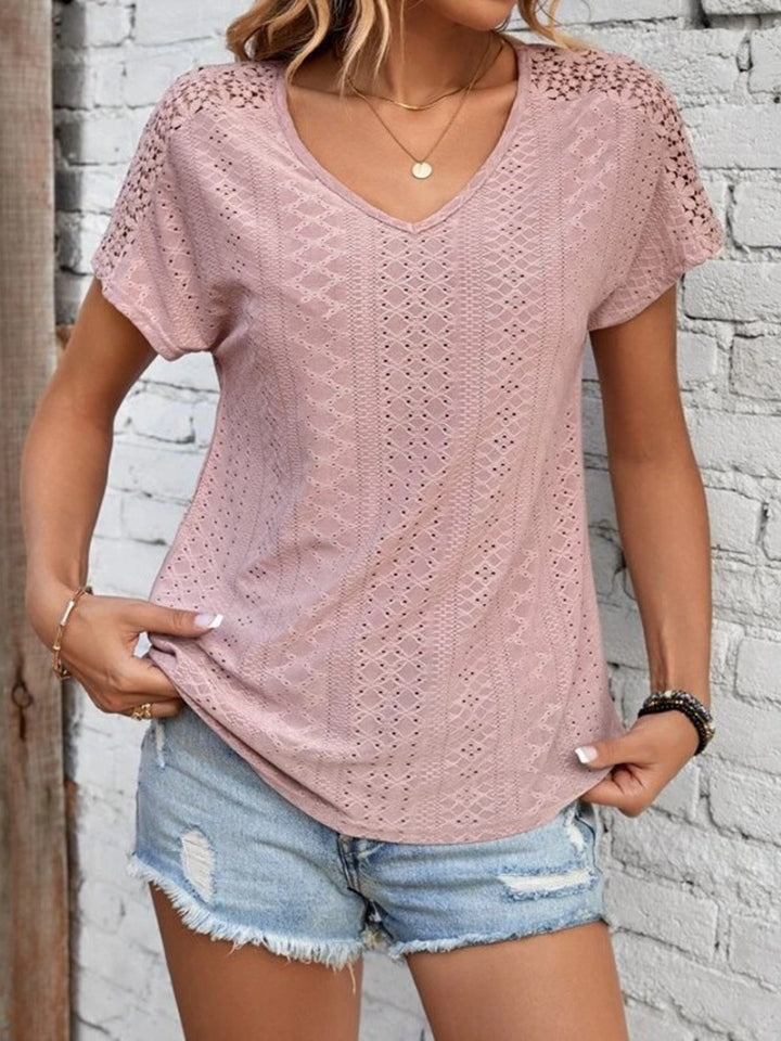 Eyelet V-Neck Short Sleeve T-Shirt-Jewearrings