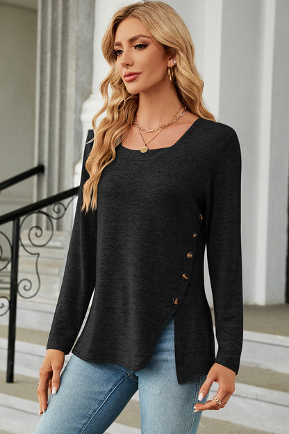 Slit Decorative Button Square Neck T-Shirt-Jewearrings