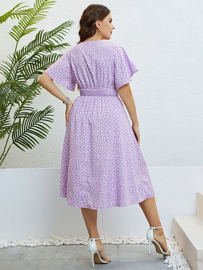 Plus Size Printed Smocked Waist Surplice Dress-Jewearrings