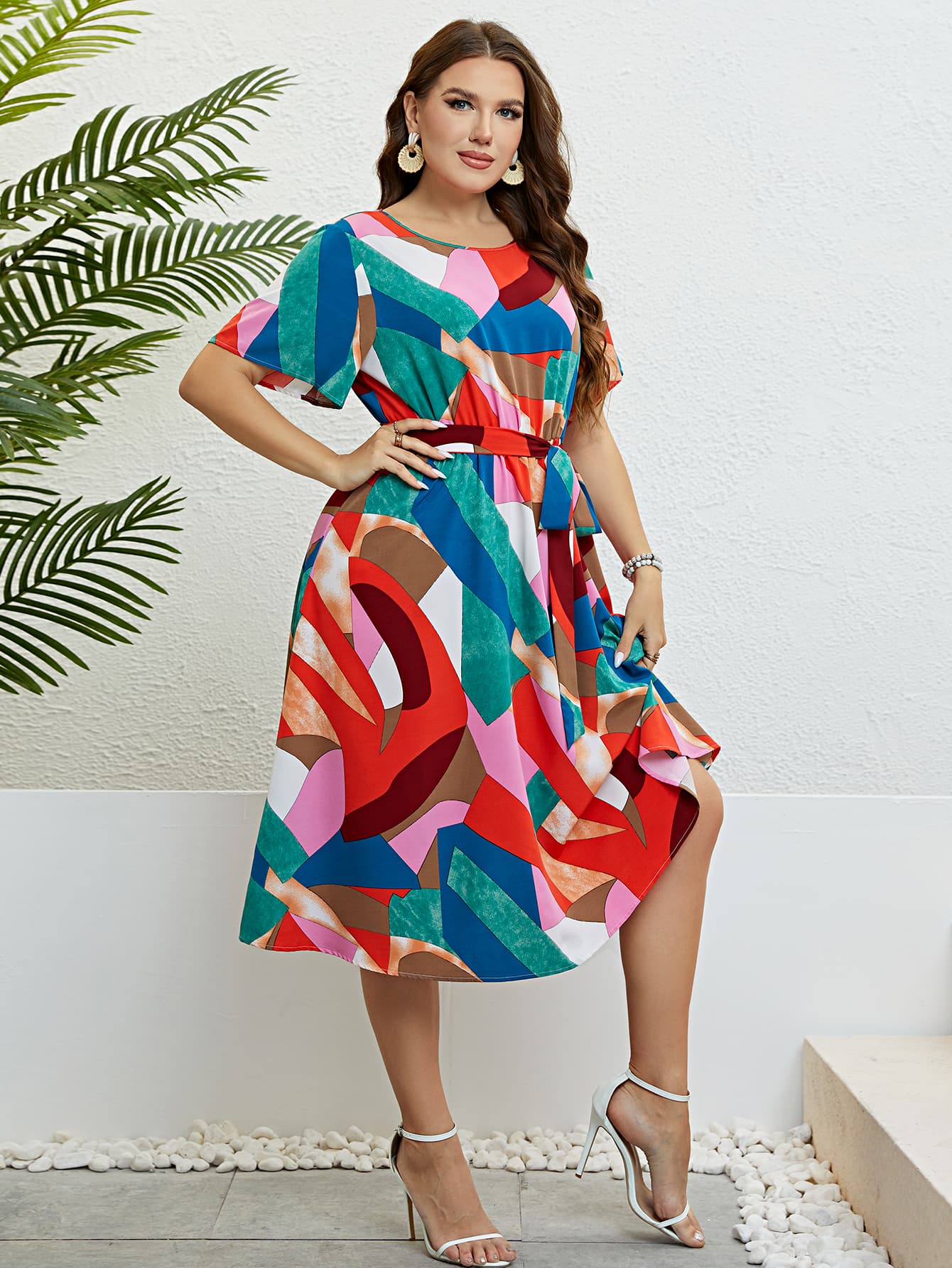 Plus Size Printed Round Neck Tie Belt Dress-Jewearrings