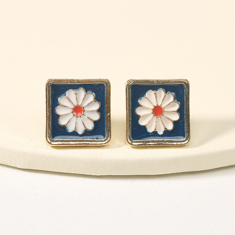 925 Silver Needle Square Alloy Drop Oil Petal Earrings-Jewearrings