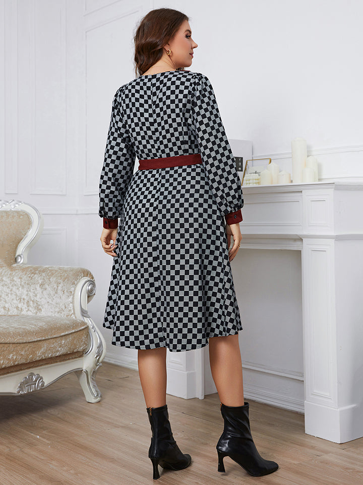 Plus Size Plaid V-Neck Long Sleeve Dress-Jewearrings