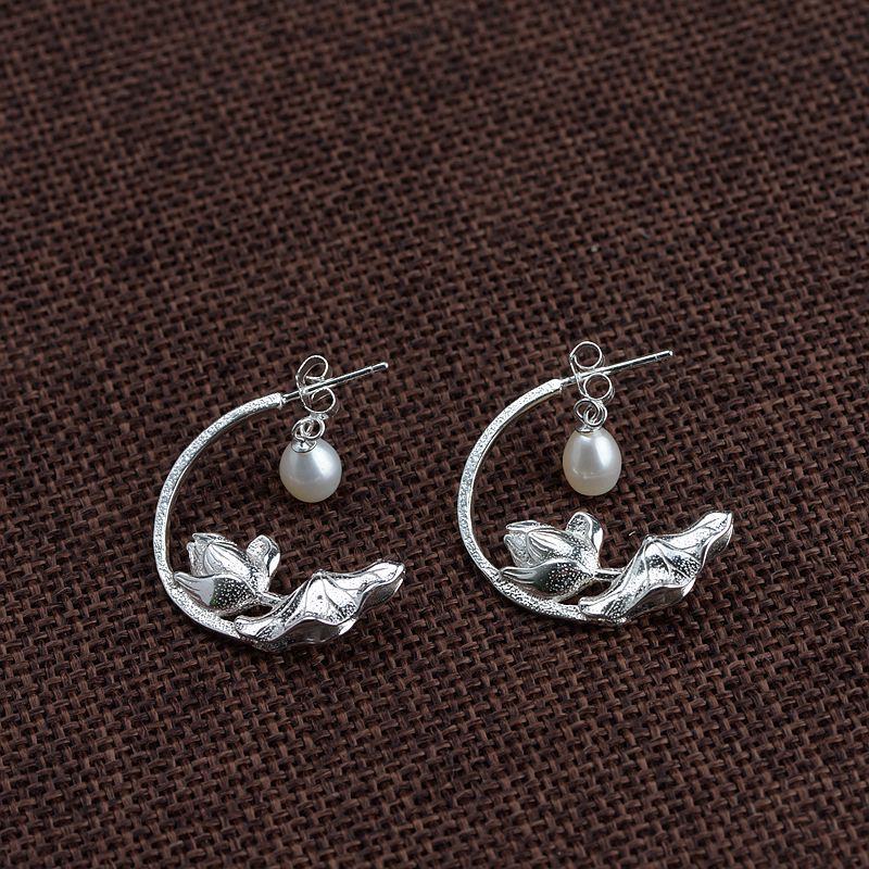 S925 Silver Brushed Lotus Pearl Earrings-Jewearrings