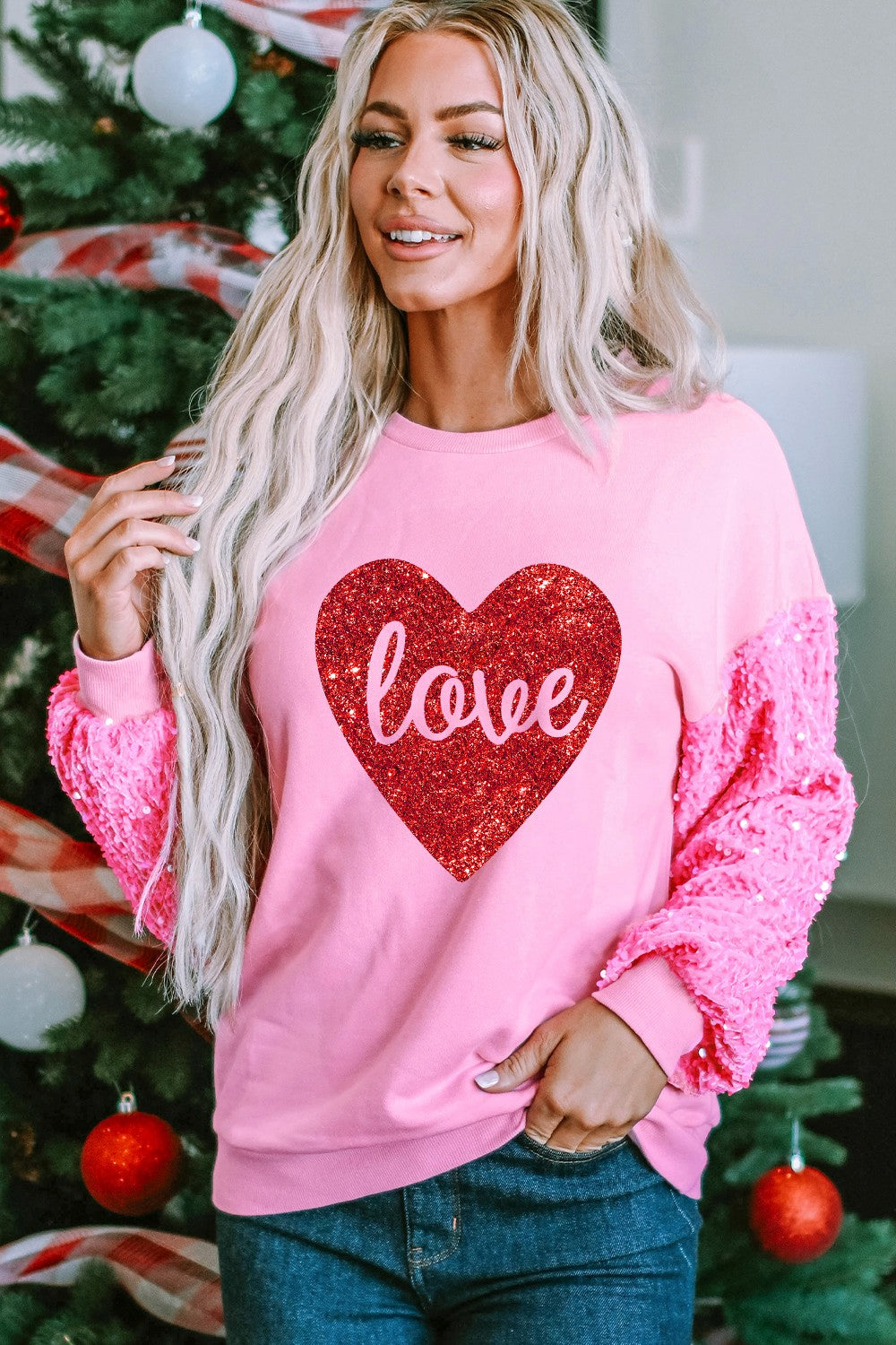 LOVE Heart Sequin Dropped Shoulder Sweatshirt-Jewearrings