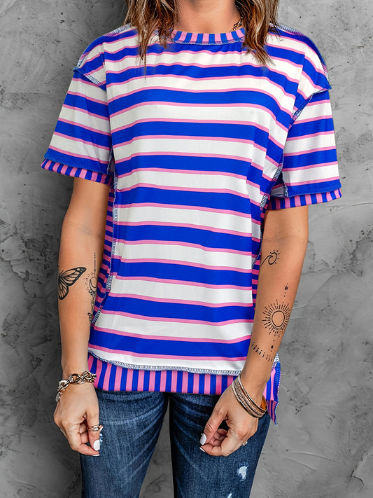 Full Size Contrast Stitching Striped Round Neck T-Shirt-Jewearrings