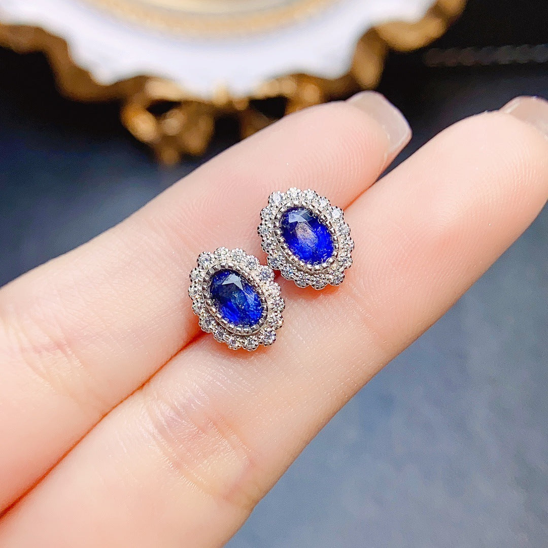 Natural Sapphire Stud Earrings S925 Silver Inlaid Main Stone-Jewearrings