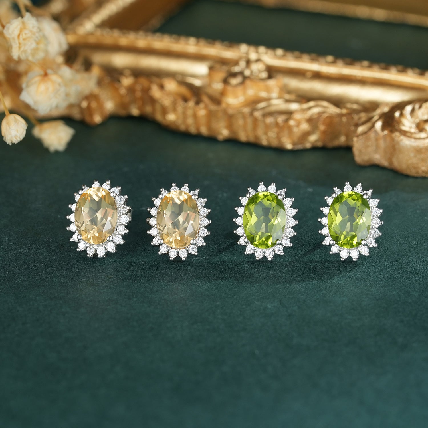 Silver Natural Citrine Olivine Stud Earrings-Jewearrings