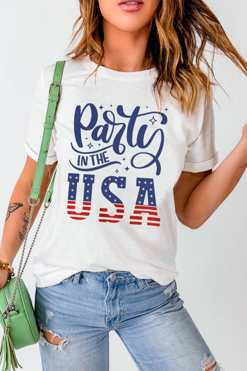 PARTY IN THE USA Round Neck Cuffed Tee-Jewearrings