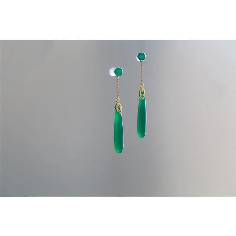 Sterling Silver Chinese Vintage Natural Green Chalcedony Stud Earrings-Jewearrings