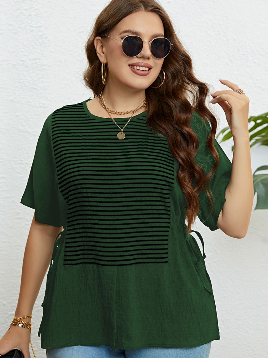 Plus Size Striped Drawstring Slit Top-Jewearrings