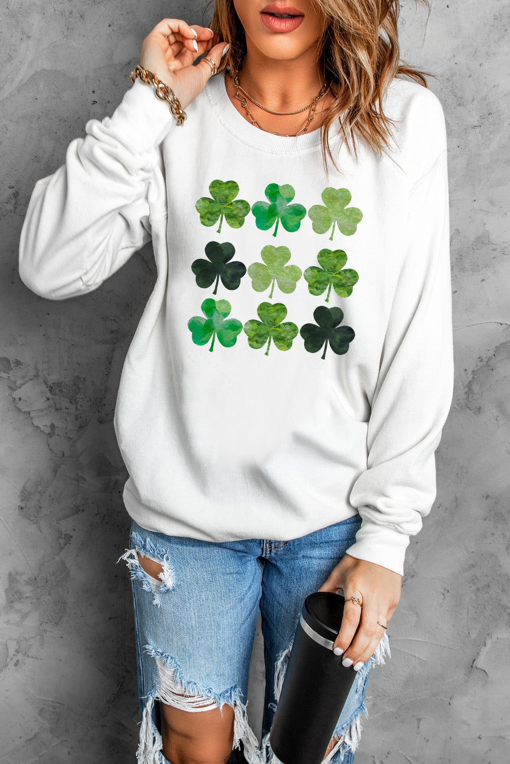 Lucky Clover Round Neck Dropped Shoulder Sweatshirt-Jewearrings