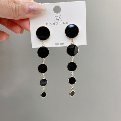 Silver Needle All-match Black Circle Tassel Earrings-Jewearrings