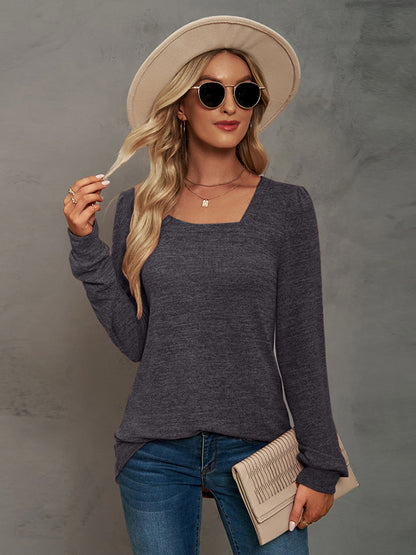 Heathered Square Neck Long Sleeve T-Shirt-Jewearrings