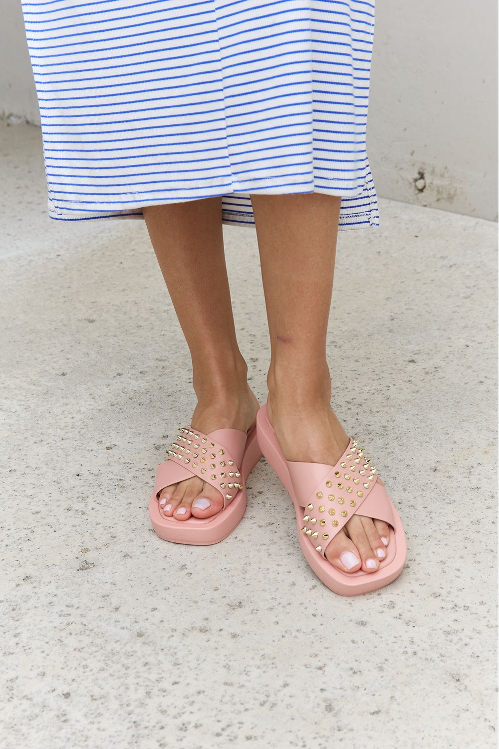 Forever Link Studded Cross Strap Sandals in Blush-Jewearrings