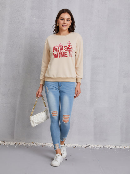 BE MINE WINE Round Neck Long Sleeve Sweatshirt-Jewearrings