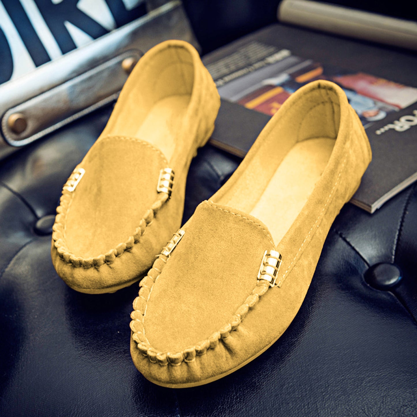 Suede Metal Decor Stitch Detail Flat Loafers-Jewearrings