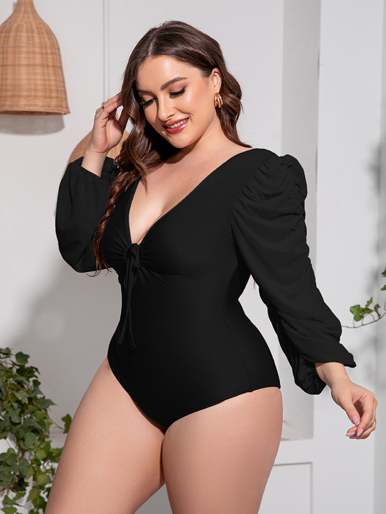 Plus Size Tied Deep V Balloon Sleeve One-Piece Swimsuit-Jewearrings