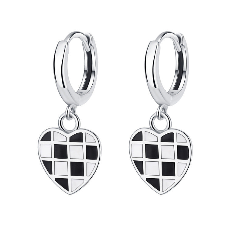 All Over 925 Sterling Silver Heart Chessboard Latch Earrings Black And White Oil Drop Process Earrings-Jewearrings