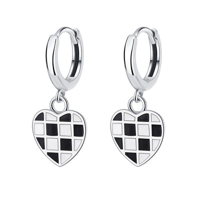 All Over 925 Sterling Silver Heart Chessboard Latch Earrings Black And White Oil Drop Process Earrings-Jewearrings