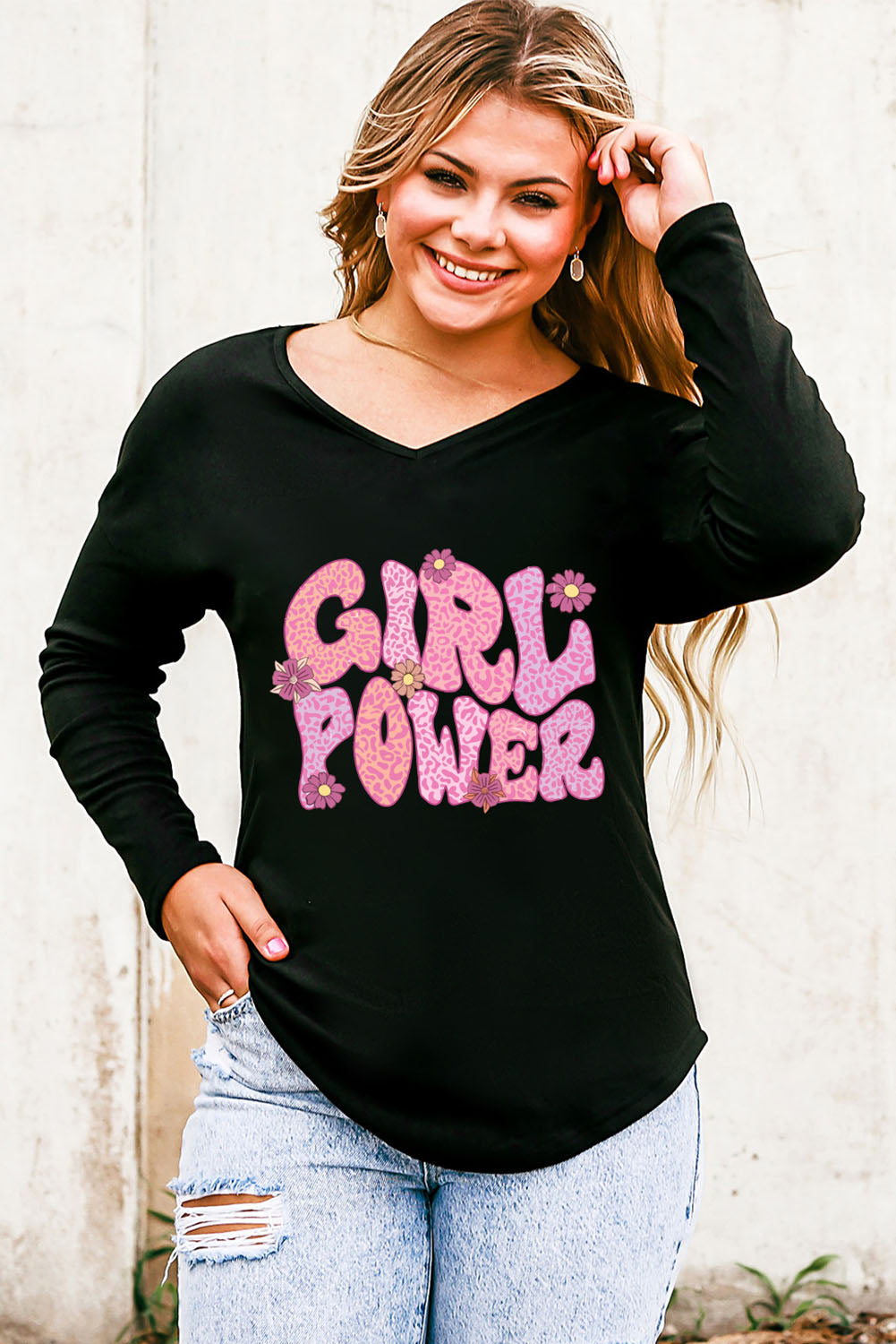 GIRL POWER Leopard Graphic V-Neck Top-Jewearrings