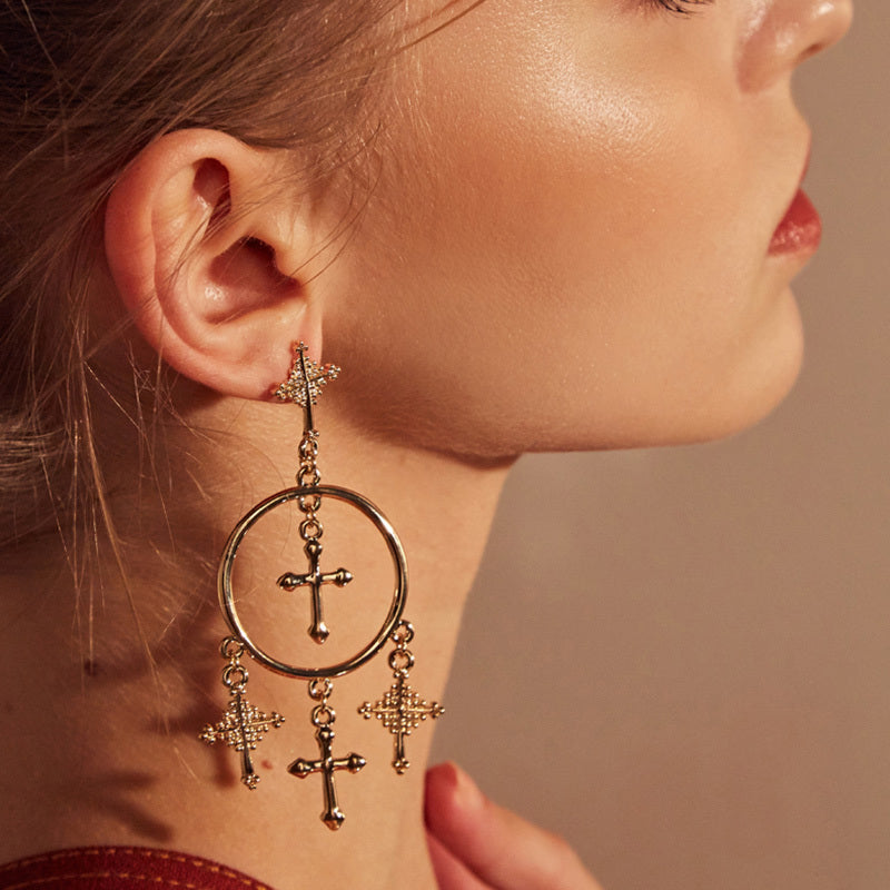 Cross Tassel Earrings Ornament European Version Retro Exaggeration Style-Jewearrings