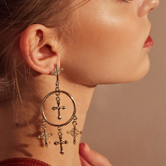 Cross Tassel Earrings Ornament European Version Retro Exaggeration Style-Jewearrings