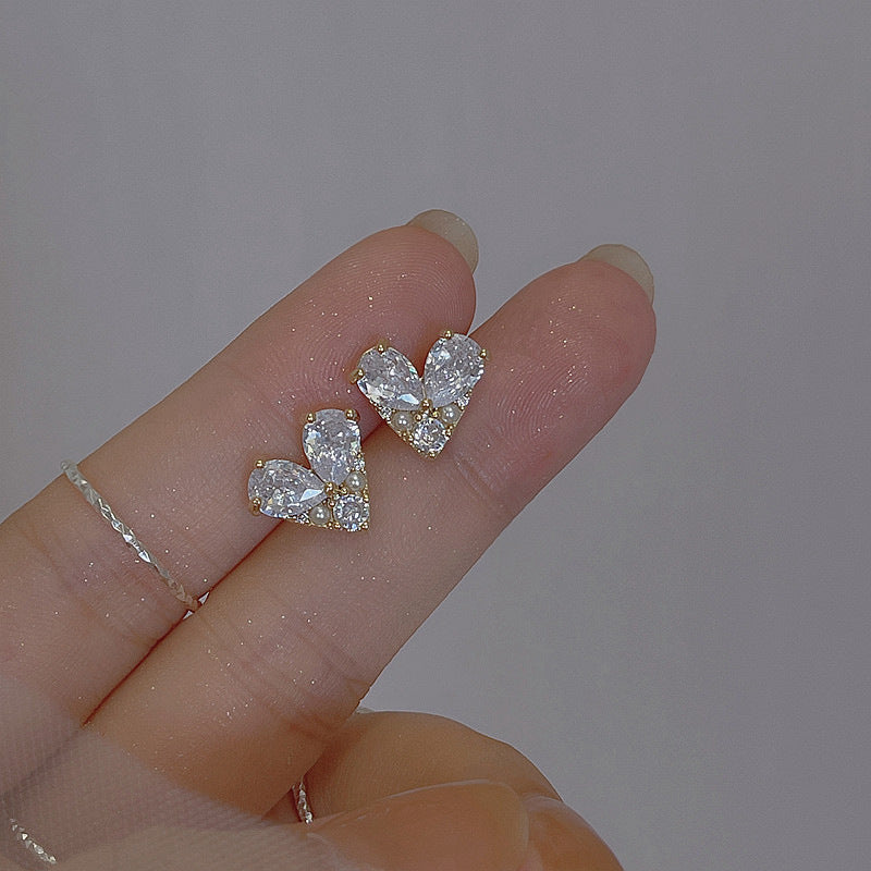 Silver Pin Earrings Delicate Heart Stud Earrings Zircon-Jewearrings