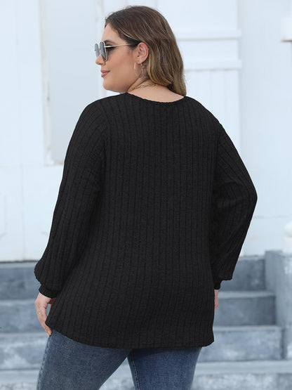 Plus Size Ribbed V-Neck Long Sleeve Top-Jewearrings