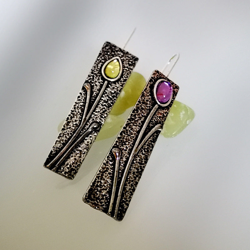 Colorful Amethyst Gem Earrings Europe And America Creative Flower Vintage Thai Silver Earrings For Women-Jewearrings