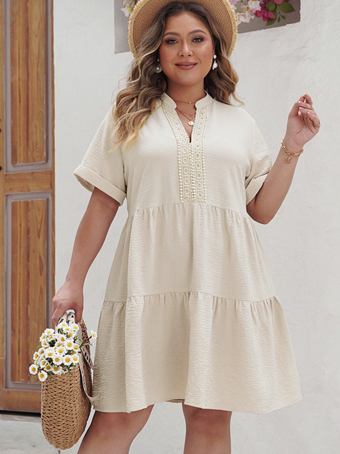 Plus Size Lace Detail Notched Short Sleeve Dress-Jewearrings